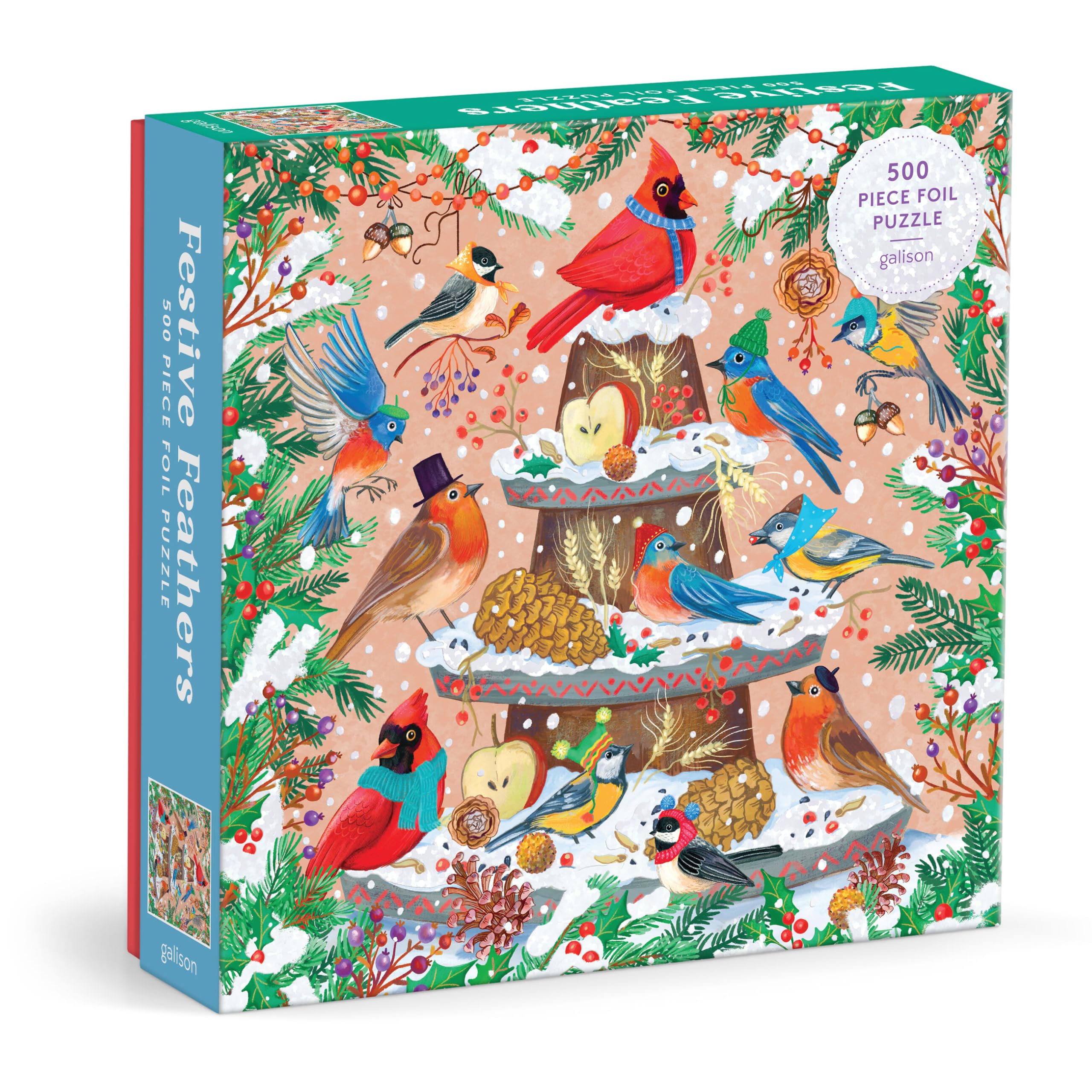 Galison Festive Feathers – 500 Piece Foil Jigsaw Puzzle Featuring Charming Artwork of Wintery Birds Perched On A Christmas Log